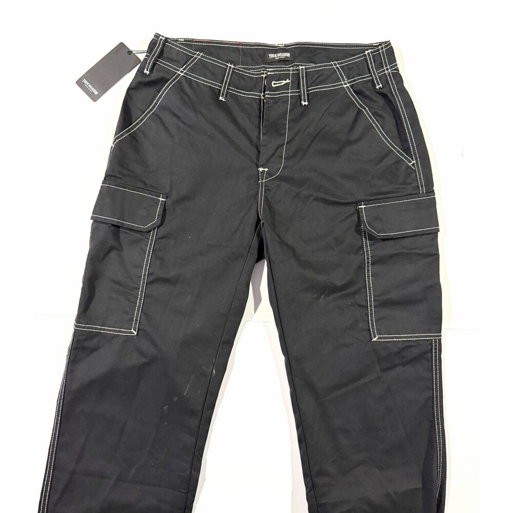NWT True Religion Men’s Baggy Cargo Pants Jet Black Contrast Stitch Size 30